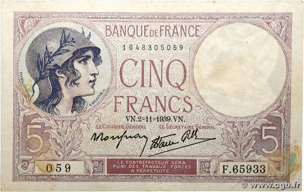 5 Francs FEMME CASQUÉE modifié FRANCE  1939 F.04.14 VF