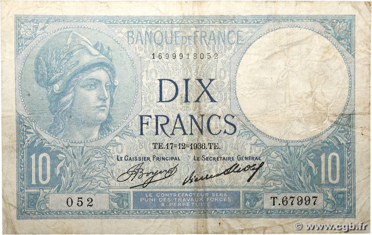 10 Francs MINERVE FRANCE  1936 F.06.17 G