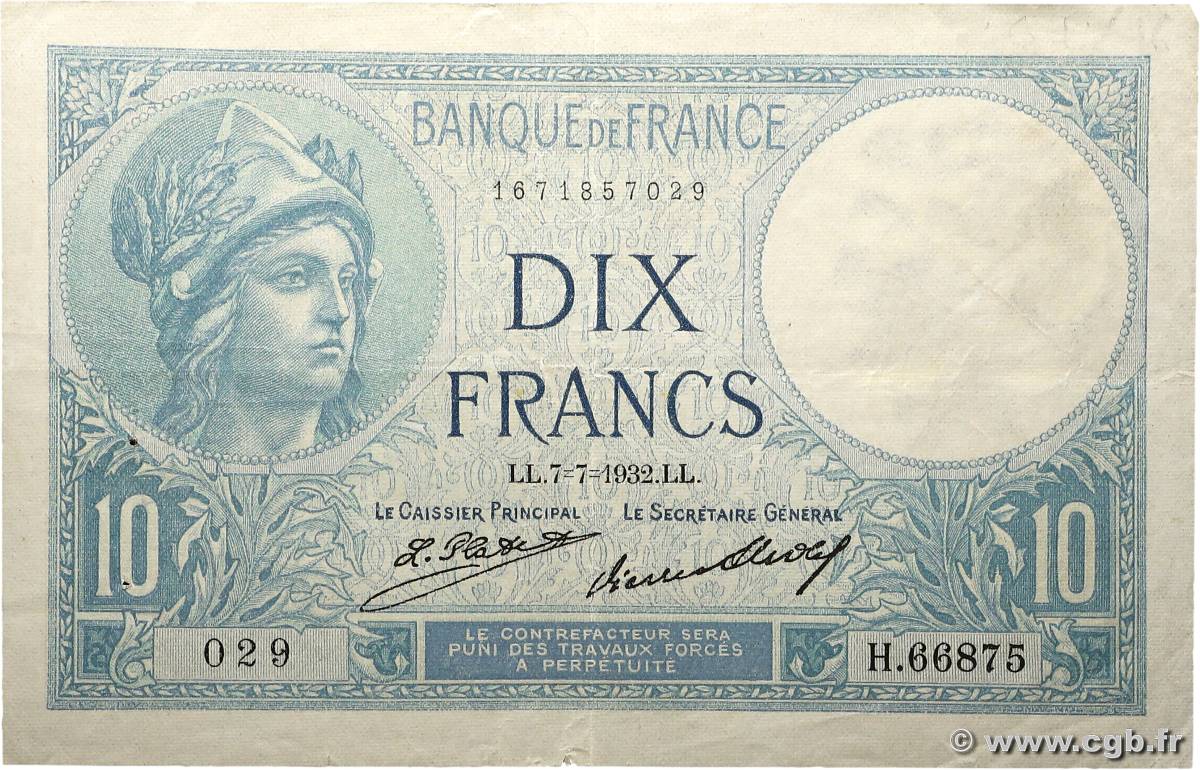 10 Francs MINERVE FRANCE  1932 F.06.16 VF