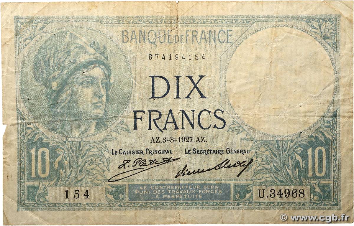 10 Francs MINERVE FRANCE  1927 F.06.12 VG
