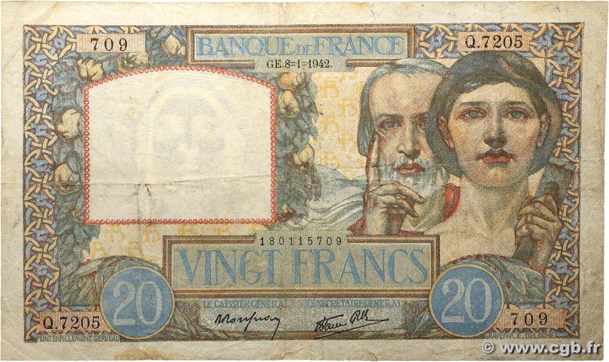 20 Francs TRAVAIL ET SCIENCE FRANCE  1942 F.12.21 F