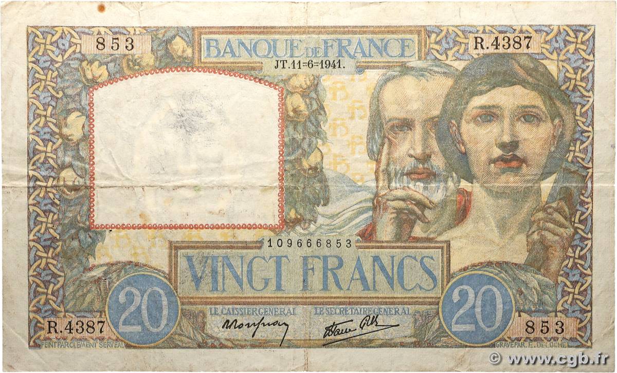 20 Francs TRAVAIL ET SCIENCE FRANCE  1941 F.12.15 F