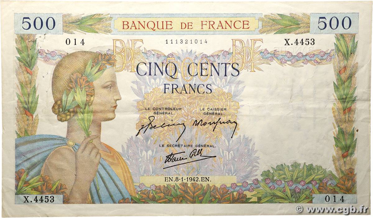500 Francs LA PAIX FRANCE  1942 F.32.27 VF+