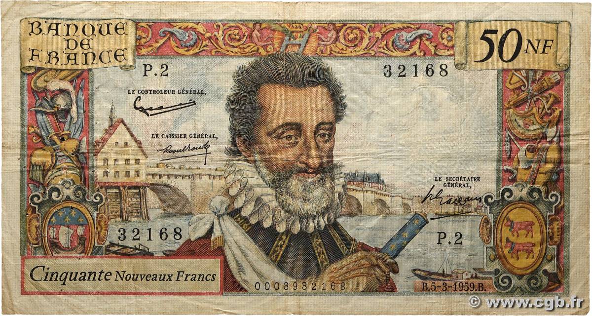 50 Nouveaux Francs HENRI IV FRANCE  1959 F.58.01 VG
