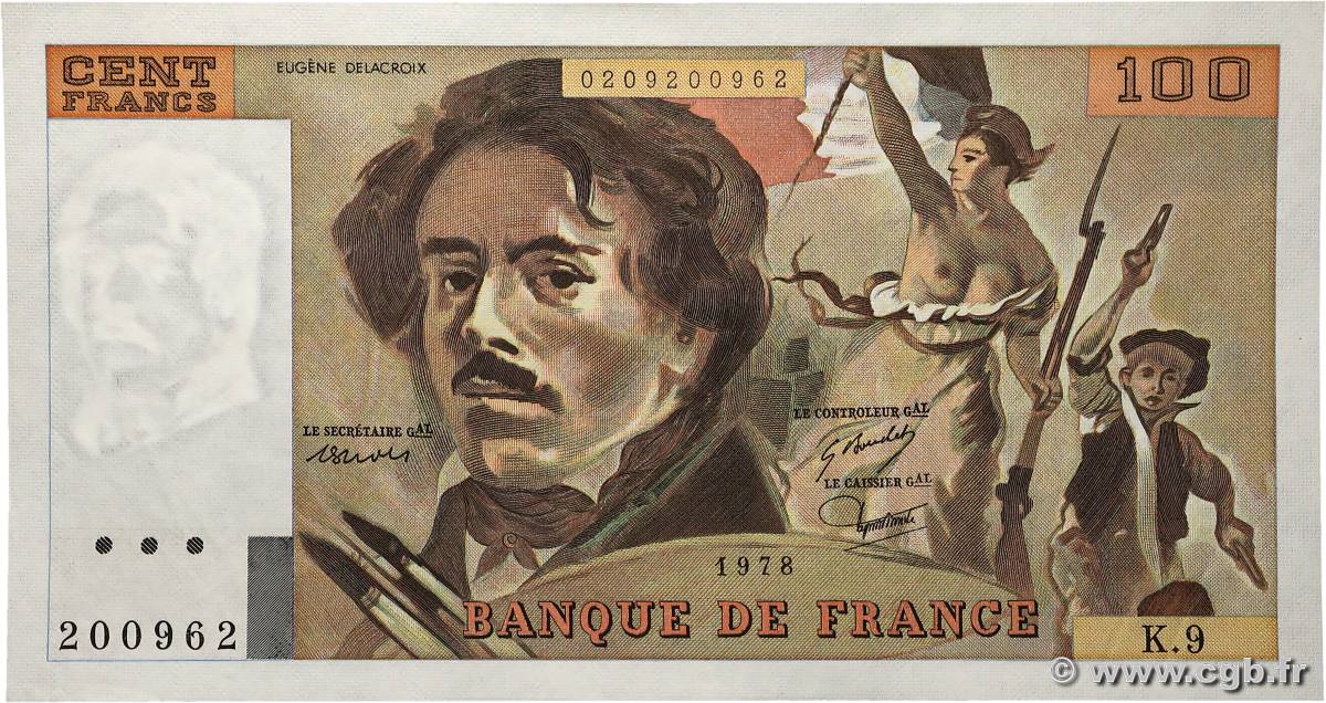 100 Francs DELACROIX modifié FRANCE  1978 F.69.01g XF+