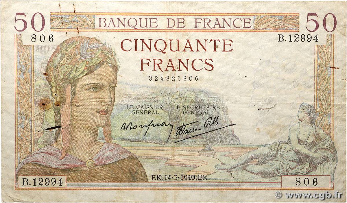 50 Francs CÉRÈS modifié FRANCE  1940 F.18.41 G