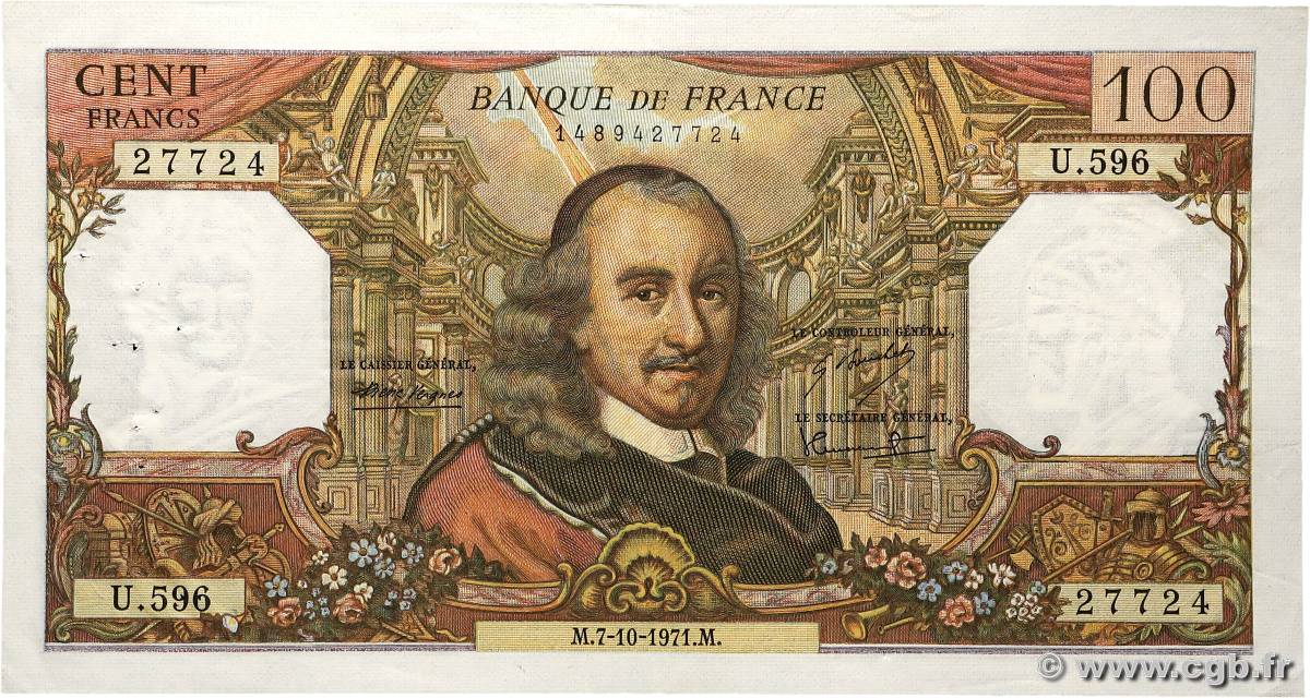 100 Francs CORNEILLE FRANCE  1971 F.65.37 VF