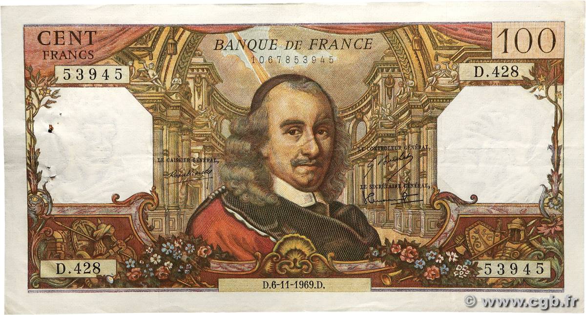 100 Francs CORNEILLE FRANCE  1969 F.65.28 VF