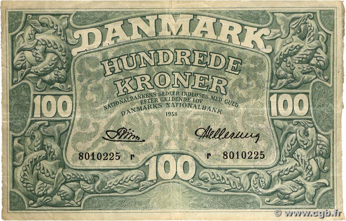 100 Kroner DENMARK  1958 P.039q VF