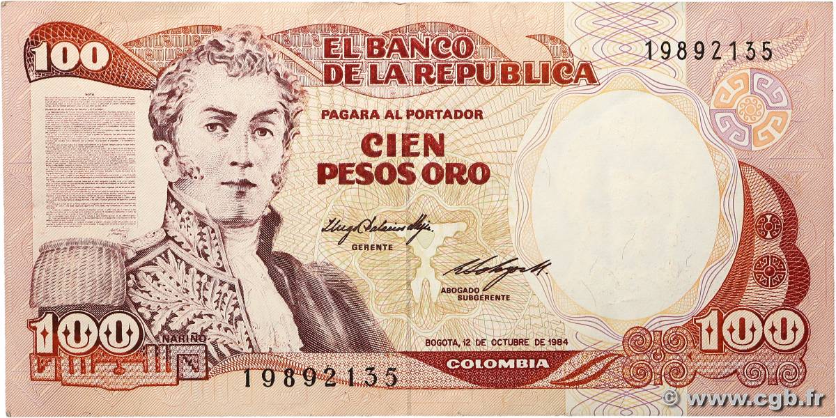 100 Pesos Oro COLOMBIE  1984 P.426a SUP