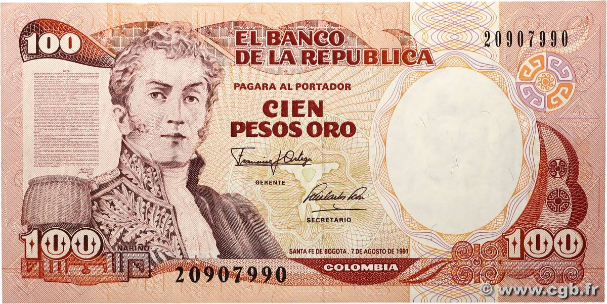 100 Pesos Oro COLOMBIA  1991 P.426A AU