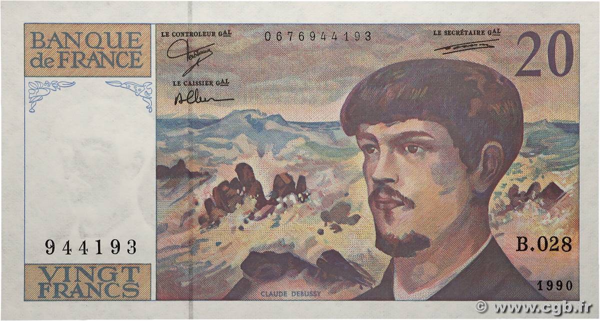 20 Francs DEBUSSY à fil de sécurité FRANCE  1990 F.66bis.01 SPL