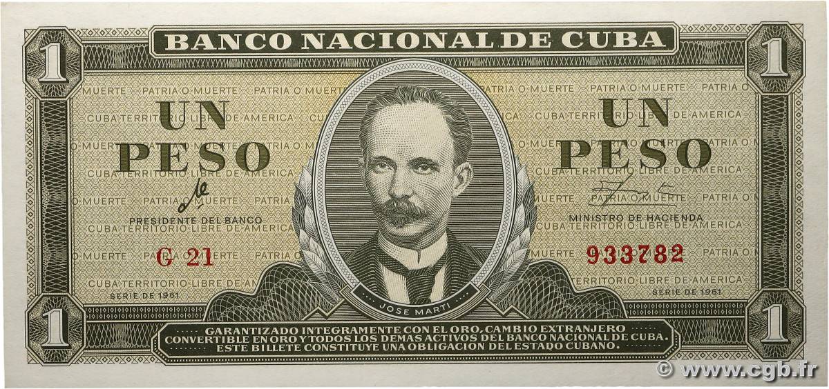 1 Peso CUBA  1961 P.094a AU+