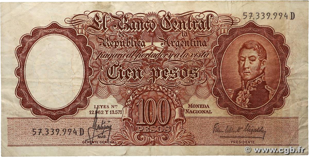 100 Pesos ARGENTINE  1957 P.272c TB