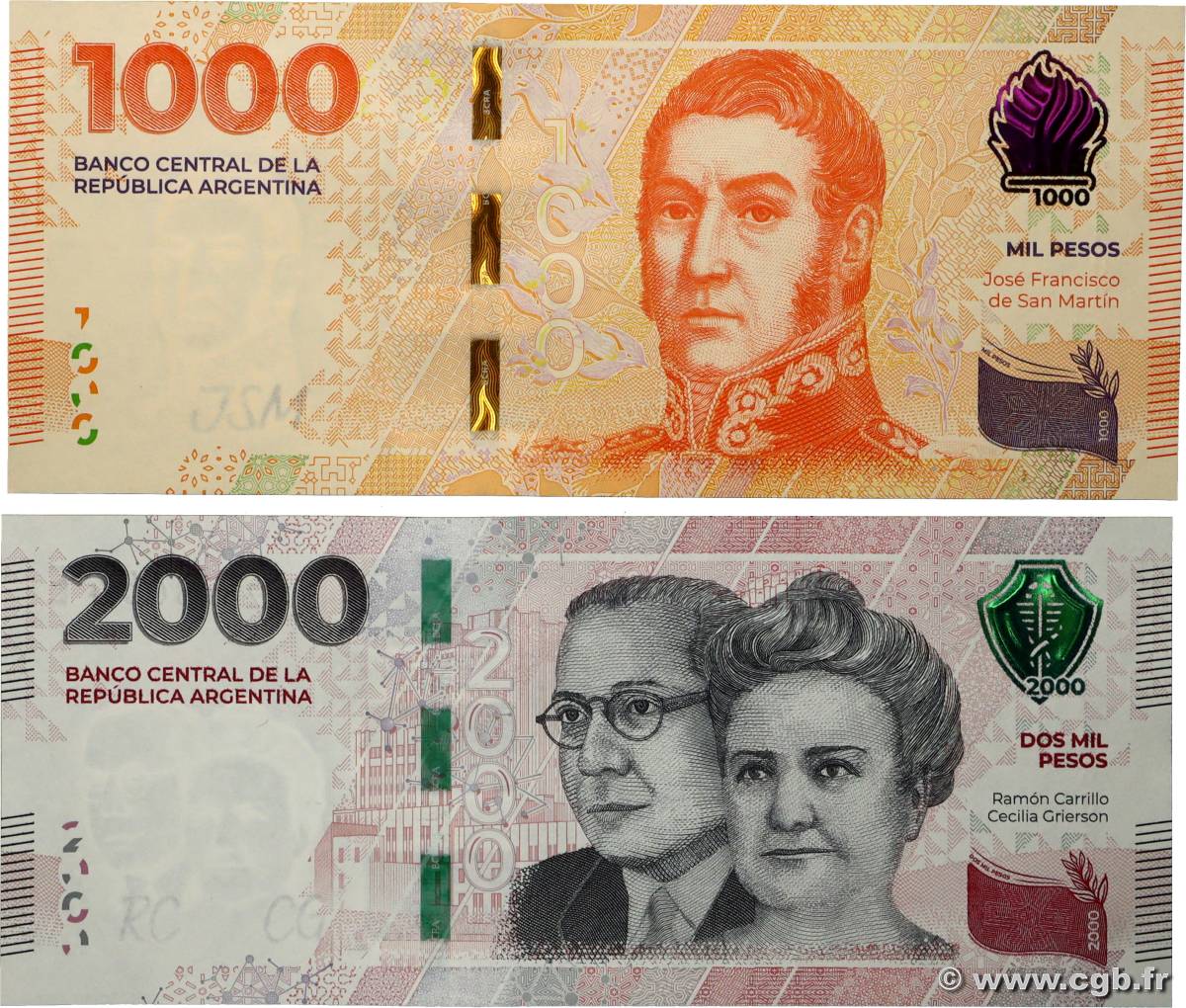 1000 et 2000 Pesos Lot ARGENTINA  2023 P.367 et P.368 UNC