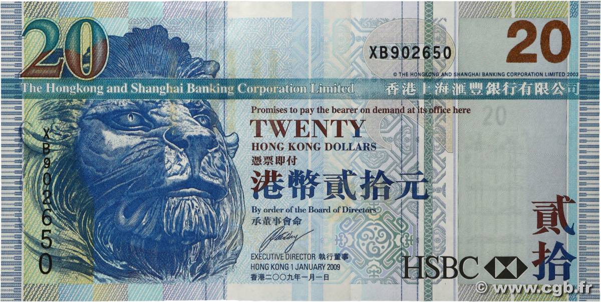 20 Dollars HONG KONG  2009 P.335f UNC-