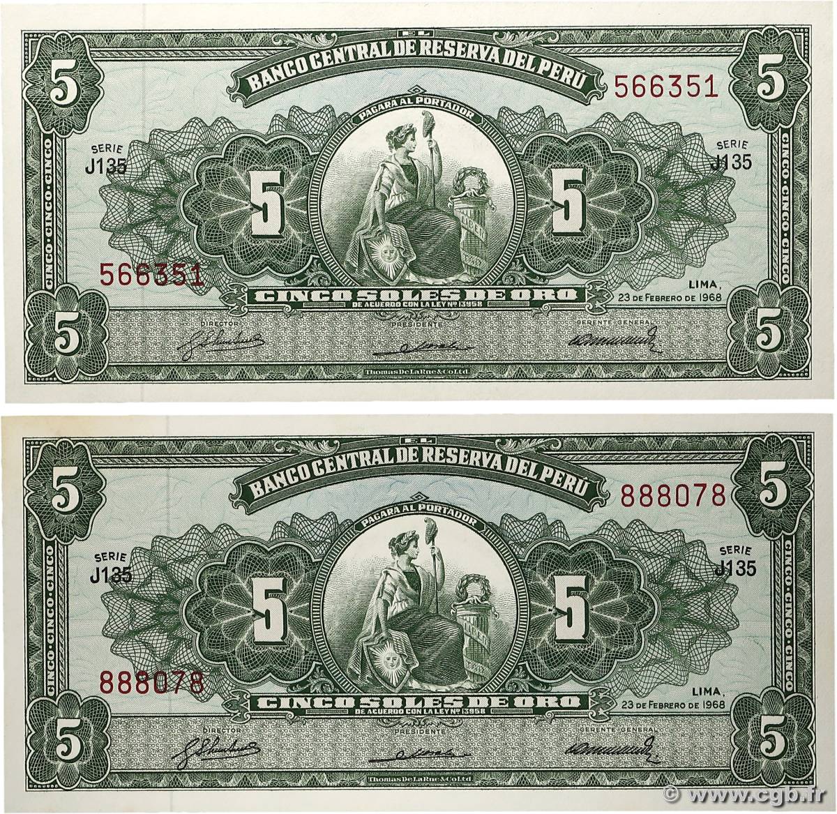 5 Soles de Oro Lot PERU  1968 P.083a q.FDC