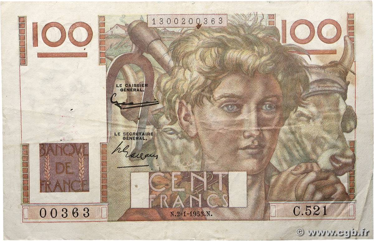 100 Francs JEUNE PAYSAN FRANCE  1953 F.28.35 TB