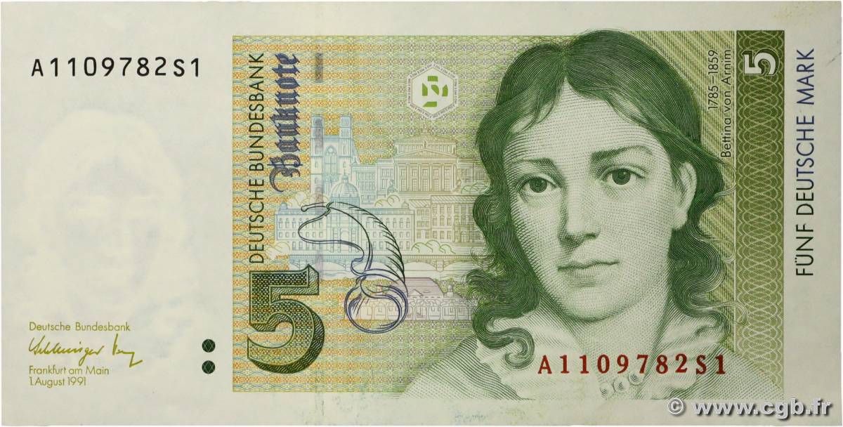 5 Deutsche Mark GERMAN FEDERAL REPUBLIC  1991 P.37 AU