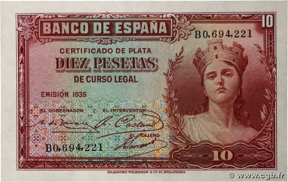 10 Pesetas SPAIN  1935 P.086a UNC