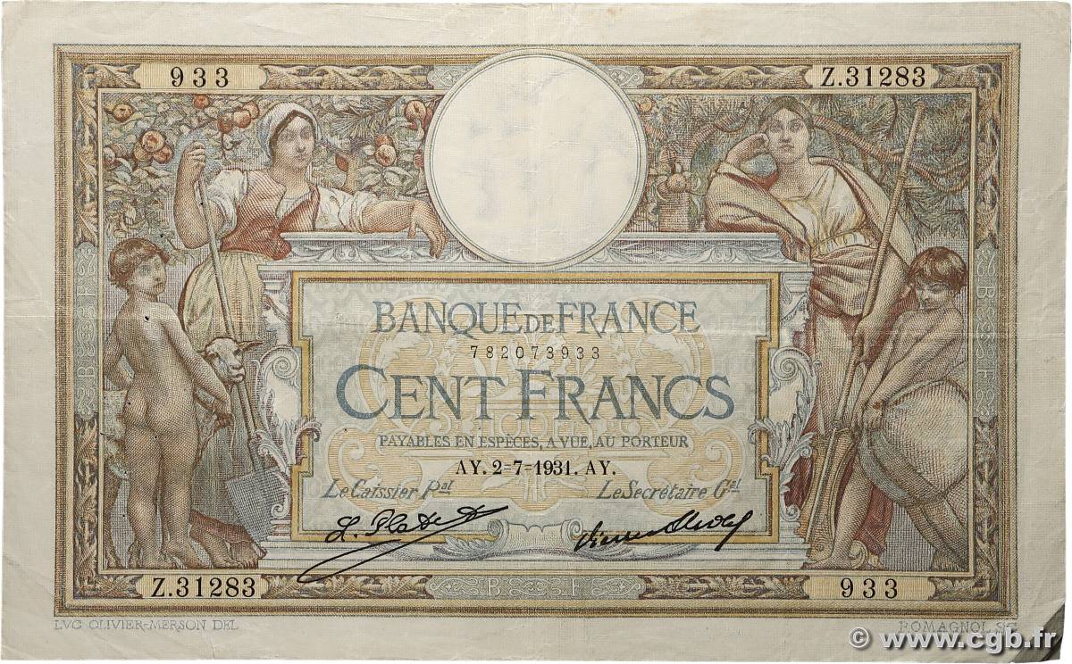 100 Francs LUC OLIVIER MERSON grands cartouches FRANCIA  1931 F.24.10 q.BB