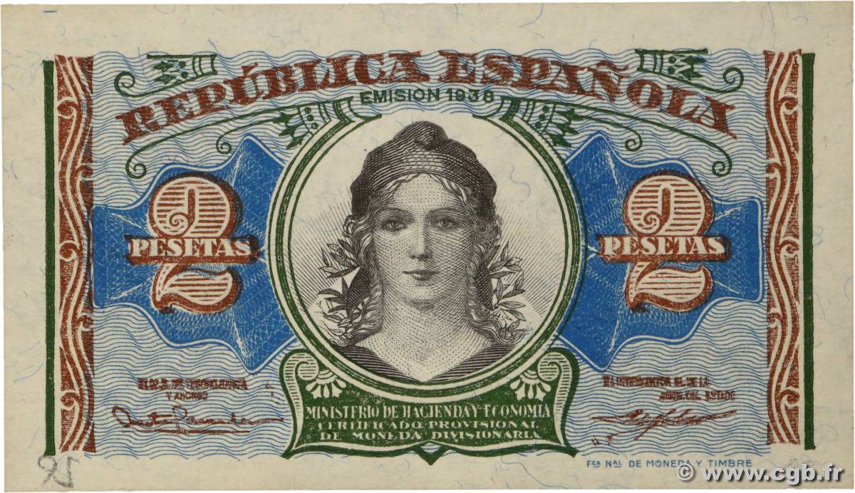 2 Pesetas SPAIN  1938 P.095 UNC