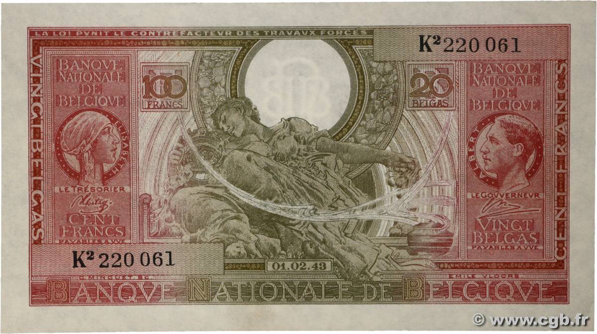 100 Francs - 20 Belgas BELGIUM  1943 P.123 XF+