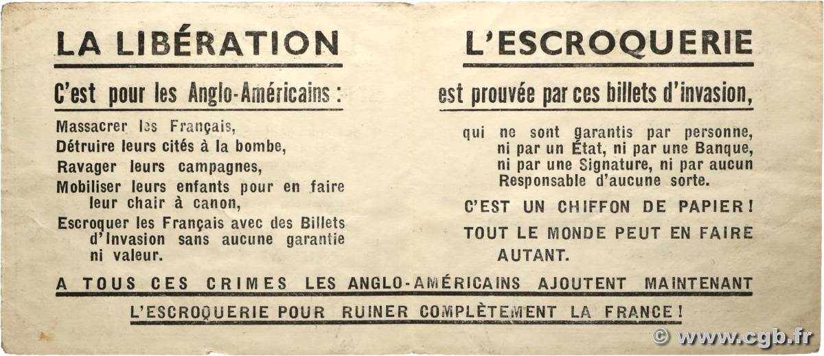 5 Francs FRANCE regionalism and various  1944 Kleib.50 F