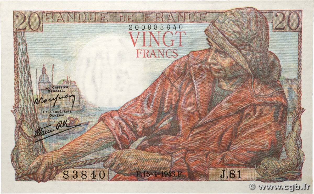 20 Francs PÊCHEUR FRANCE  1943 F.13.06 UNC