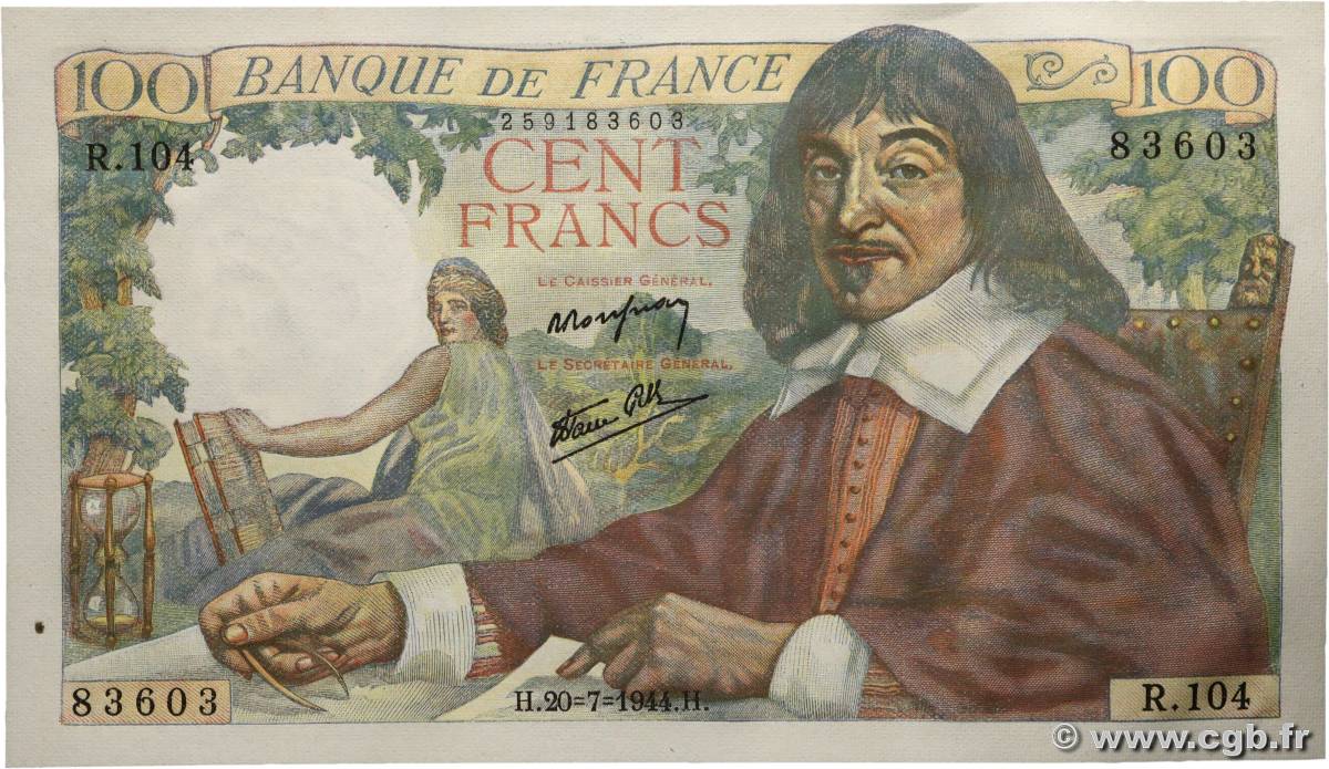 100 Francs DESCARTES FRANCE  1944 F.27.06 UNC-