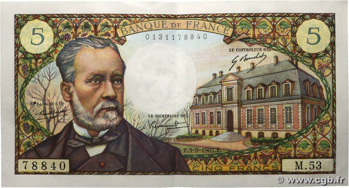 5 Francs PASTEUR FRANCE  1967 F.61.05 XF+