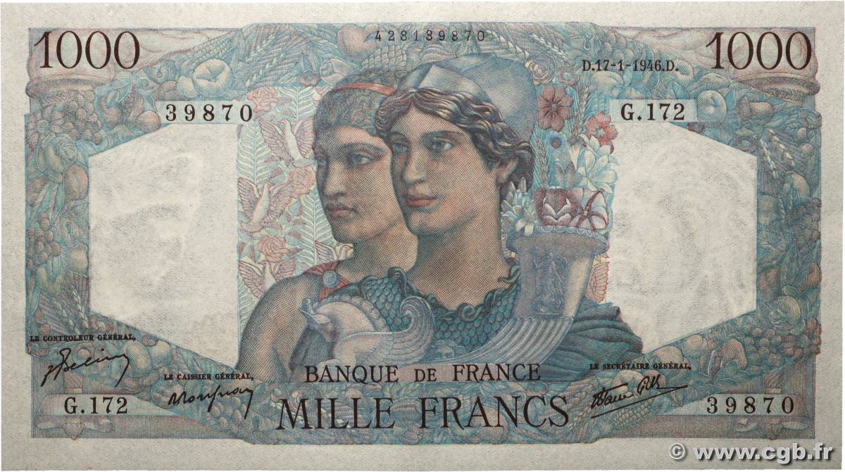 1000 Francs MINERVE ET HERCULE FRANCE  1946 F.41.10 AU+