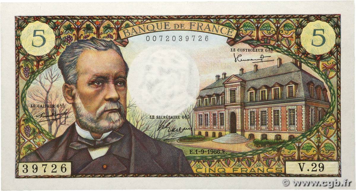 5 Francs PASTEUR FRANCE  1966 F.61.03 XF