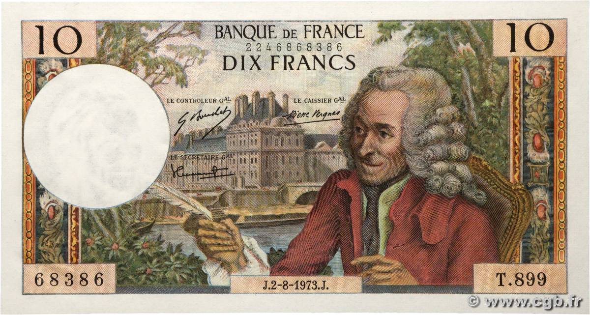 10 Francs VOLTAIRE Numéro radar FRANCE  1973 F.62.63 UNC-