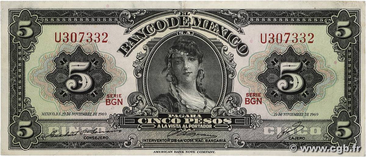 5 Pesos MEXICO  1969 P.060j MBC+