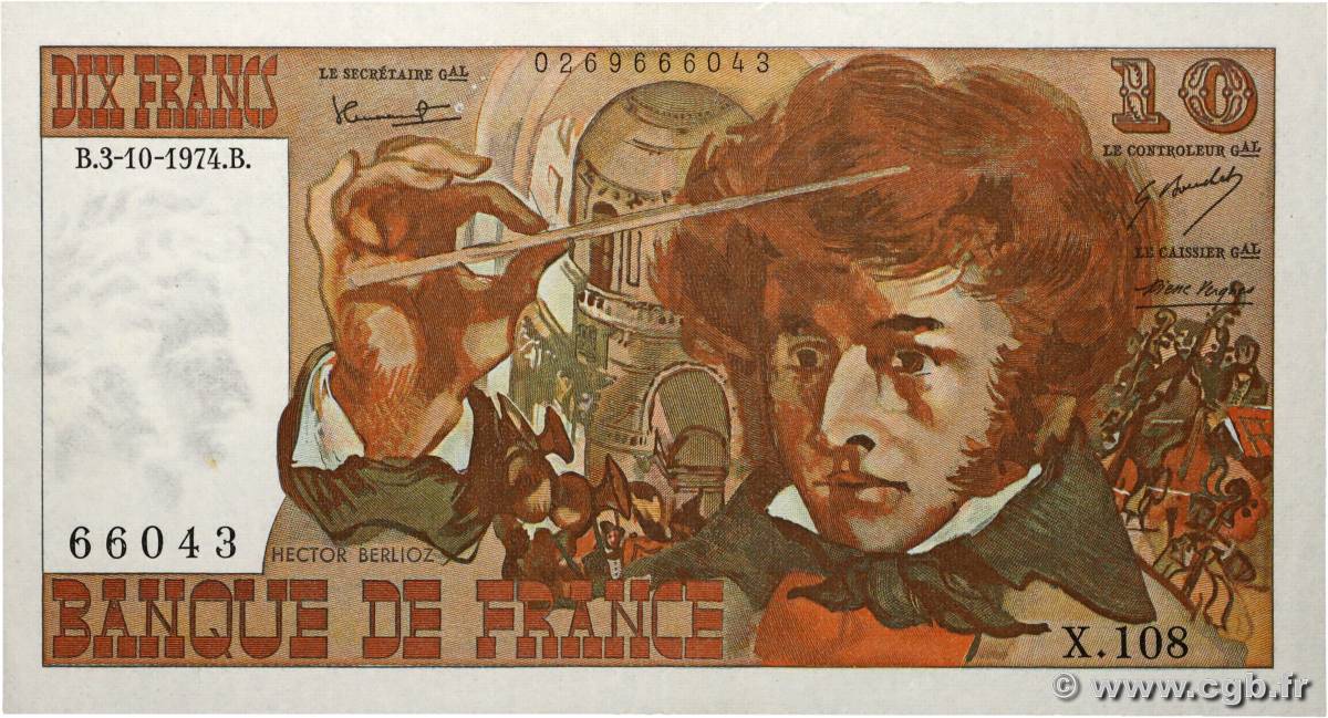 10 Francs BERLIOZ FRANCE  1974 F.63.07b AU-