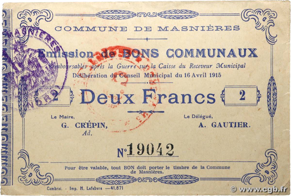 2 Francs FRANCE regionalismo y varios Masnieres 1915 JP.59-1801 MBC+