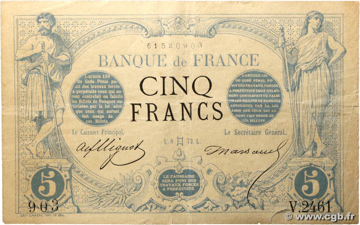 5 Francs NOIR FRANCE Ohain 1873 F.01.18 TB+