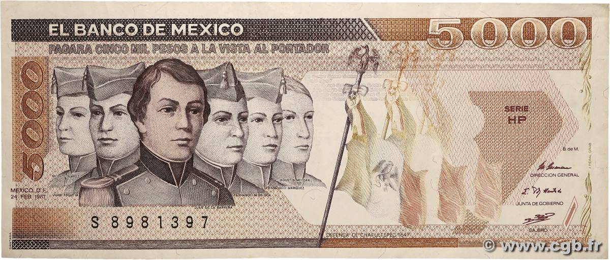 5000 Pesos MEXICO  1987 P.088b MBC+
