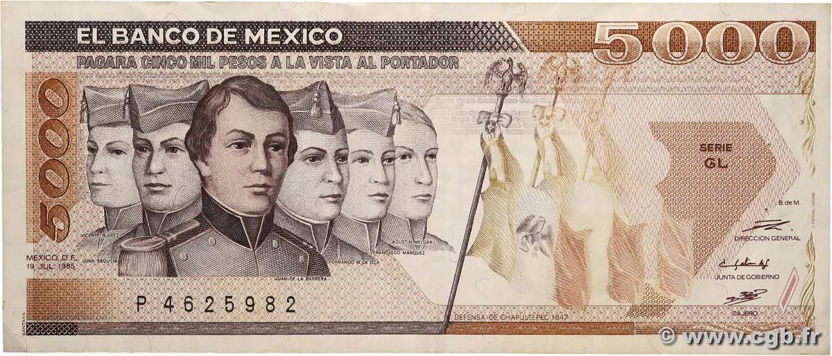 5000 Pesos MEXICO  1985 P.088a MBC+