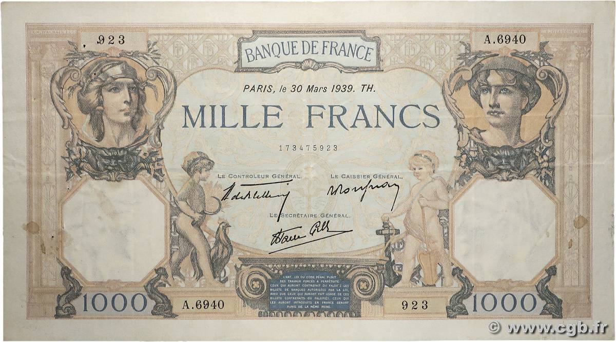 1000 Francs CÉRÈS ET MERCURE type modifié FRANCIA  1939 F.38.35 MBC