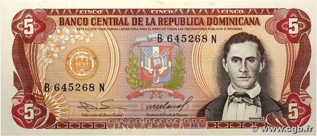 5 Pesos Oro RÉPUBLIQUE DOMINICAINE  1985 P.118c q.FDC