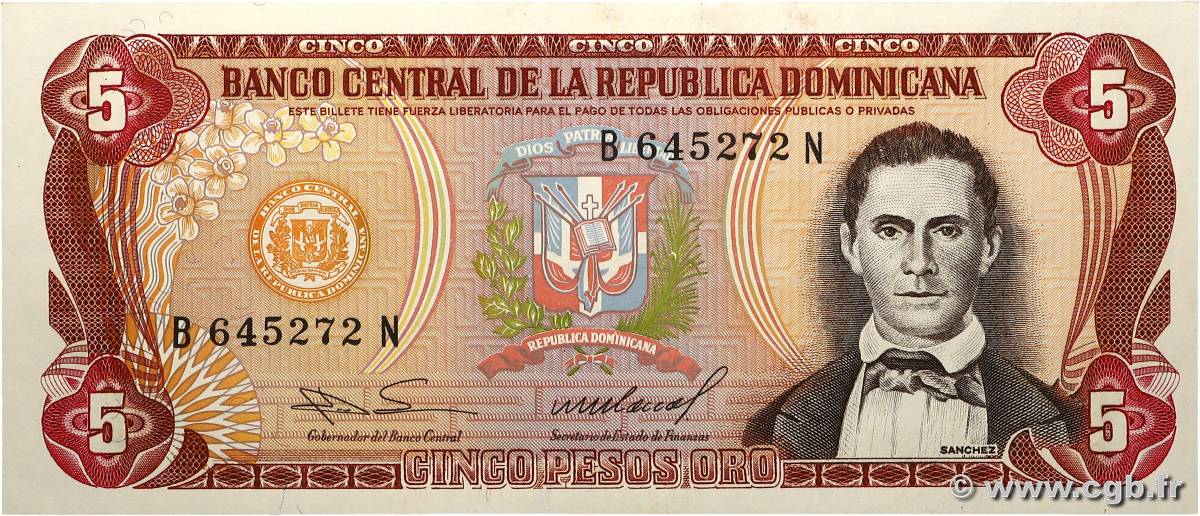 5 Pesos Oro RÉPUBLIQUE DOMINICAINE  1985 P.118c fST+