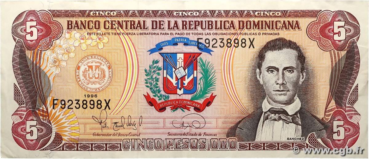 5 Pesos Oro RÉPUBLIQUE DOMINICAINE  1996 P.152a BB