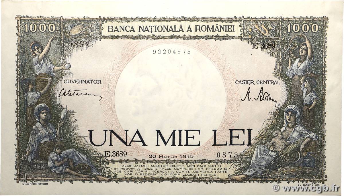 1000 Lei ROMANIA  1945 P.052a AU+