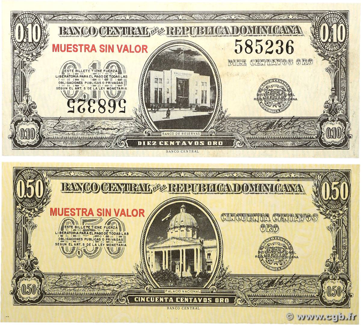 10 et 50 Centavos Oro Spécimen RÉPUBLIQUE DOMINICAINE  1961 P.086 et P.090 SPL
