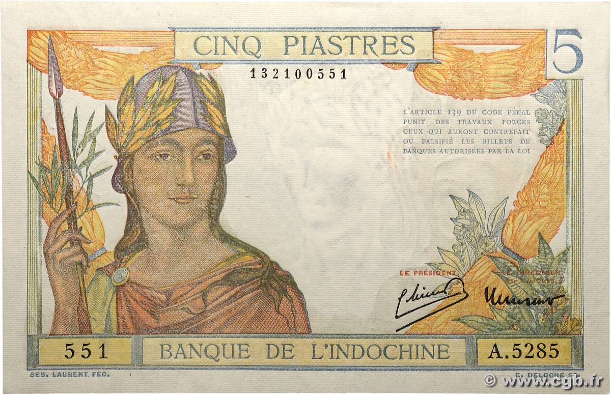 5 Piastres INDOCHINA  1946 P.055c FDC