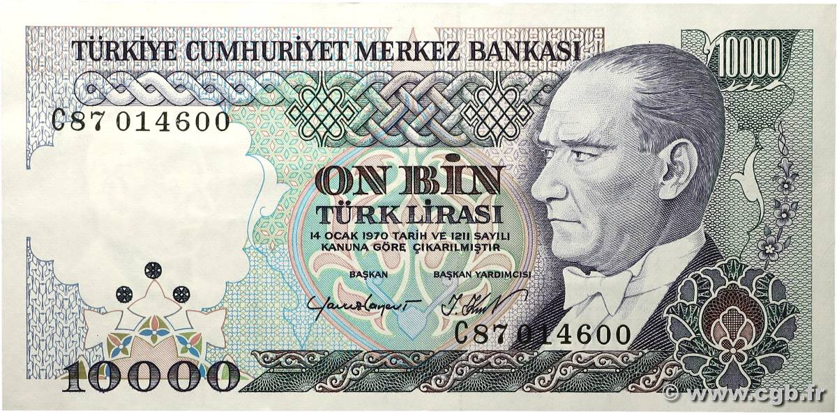 10000 Lira TURKEY  1988 P.199b AU