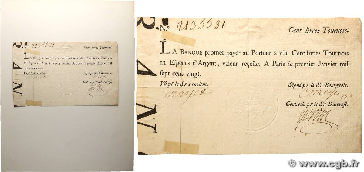 100 Livres Tournois typographié FRANCE  1720 Dor.26 TB