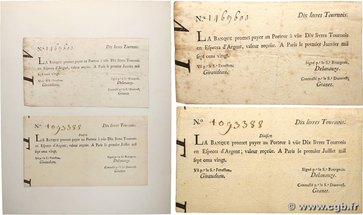 10 Livres Tournois typographié Lot FRANCE  1720 Dor.21 et 22 TTB